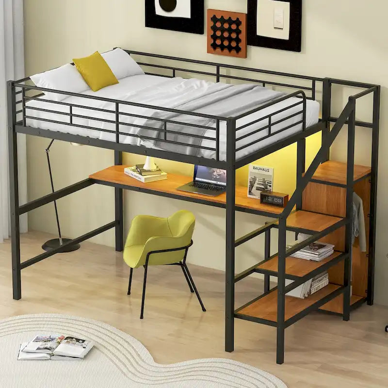 Complete Loft Bed Set with Desk, Storage Staircase, Compact Wardrobe, and LED Lighting