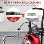 Telyswee Drain Cleaner Machine 100ft x 1/2inch Auto-feed Electric Drain Auger for 1in to 4in Pipes, w/ 8 Cutters & Air-activated Foot Switch, 250W/370W 1700RPM Drain Sewer Snake Drain Auger Cleaner