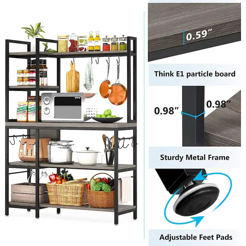 43-Inch Kitchen Bakers Rack with Microwave Stand - 5-Tier Utility Storage Shelf and 10 Hooks for Kitchen and Living Room