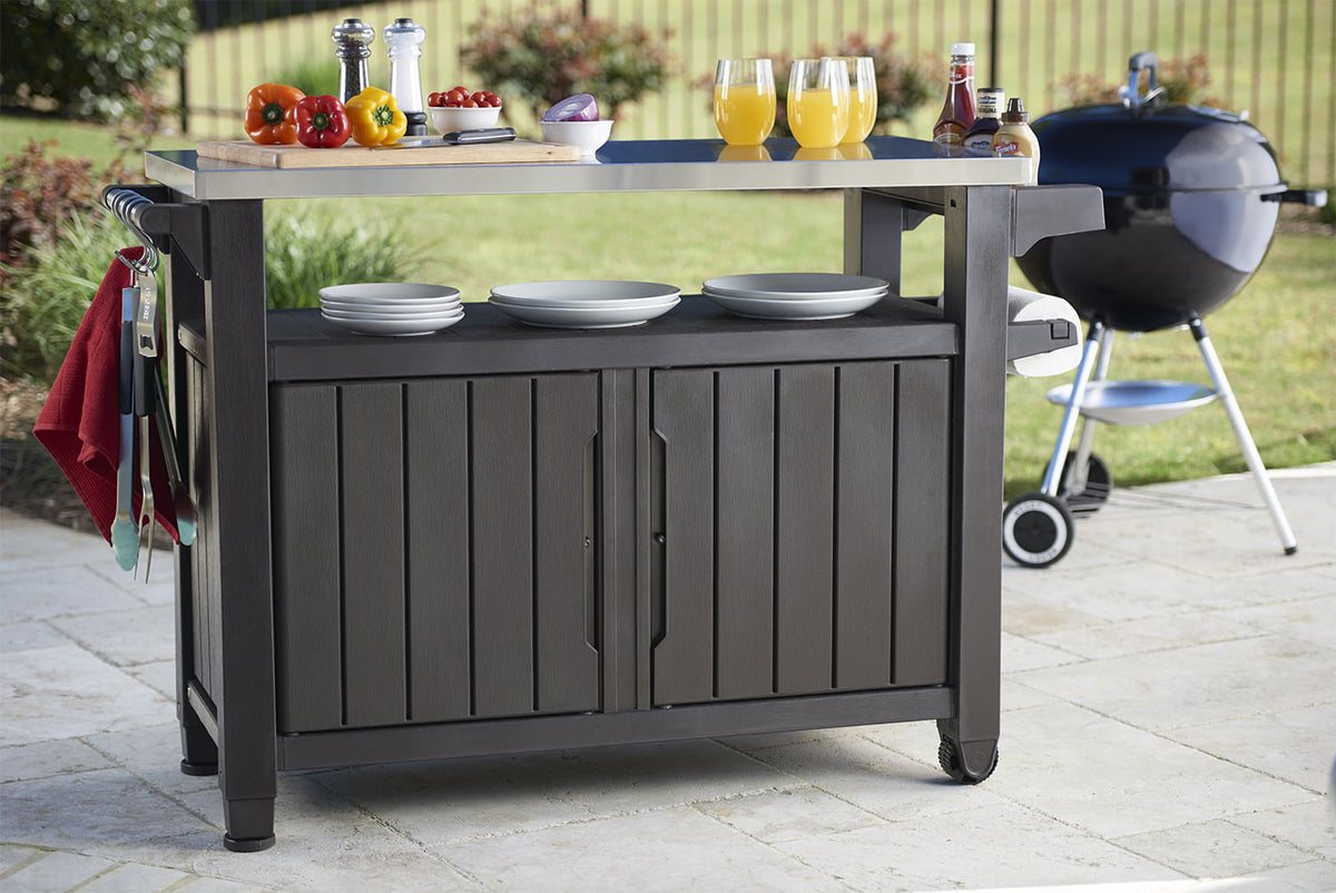 Unity XL Portable Outdoor Table and Storage Cabinet with Accessory Hooks. Espresso Brown