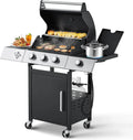 Upgraded 4 Burner BBQ Propane Gas Grill with Cast Iron Grates & Side Stove, 44,000 BTU Stainless Steel Burner Barbecue Grill for Patio, Camping, Outdoor Cooking.