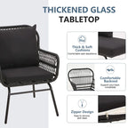 3-Piece Patio Conversation Bistro Set, Outdoor Rattan Furniture Set with Glass Table & 2 Wide Armchairs, Seat Cushions
