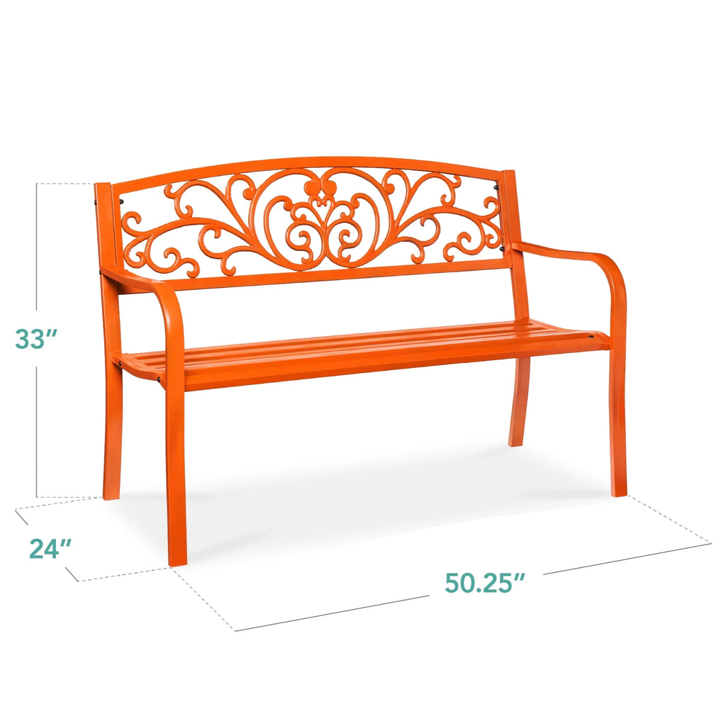 Best Choice Products Outdoor Steel Bench Garden Patio Porch Furniture W/ Floral Design Backrest - Black