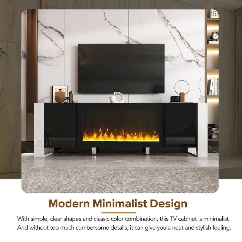 Contemporary Black 68.1" TV Stand with Fireplace and 2 Spacious Cabinets for TVs Up to 78"