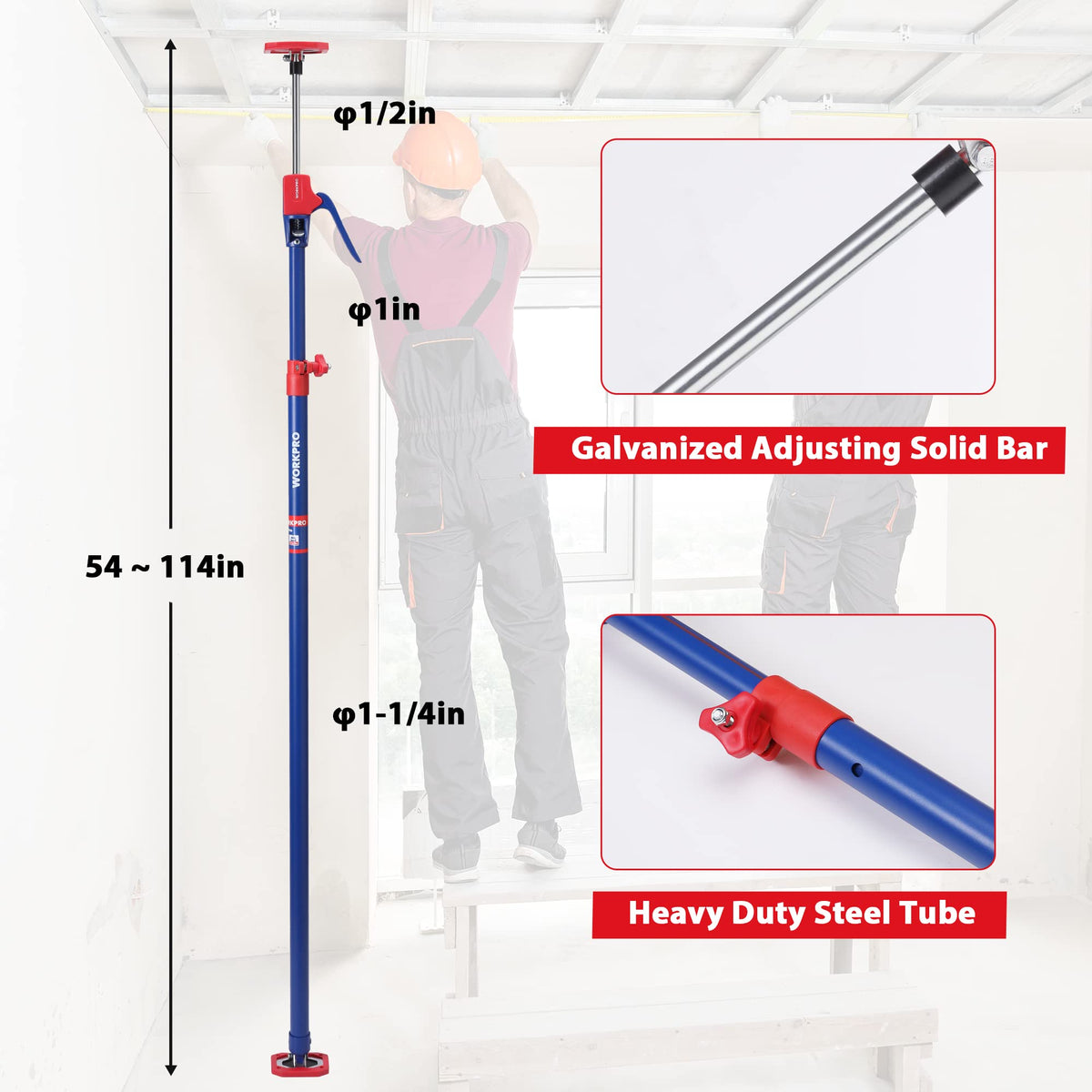 WORKPRO Cabinet Jack Support Pole, 54-114 in Adjustable, 154 lbs, 4-Pack