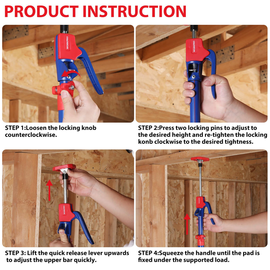 WORKPRO Cabinet Jack Support Pole, 54-114 in Adjustable, 154 lbs, 4-Pack