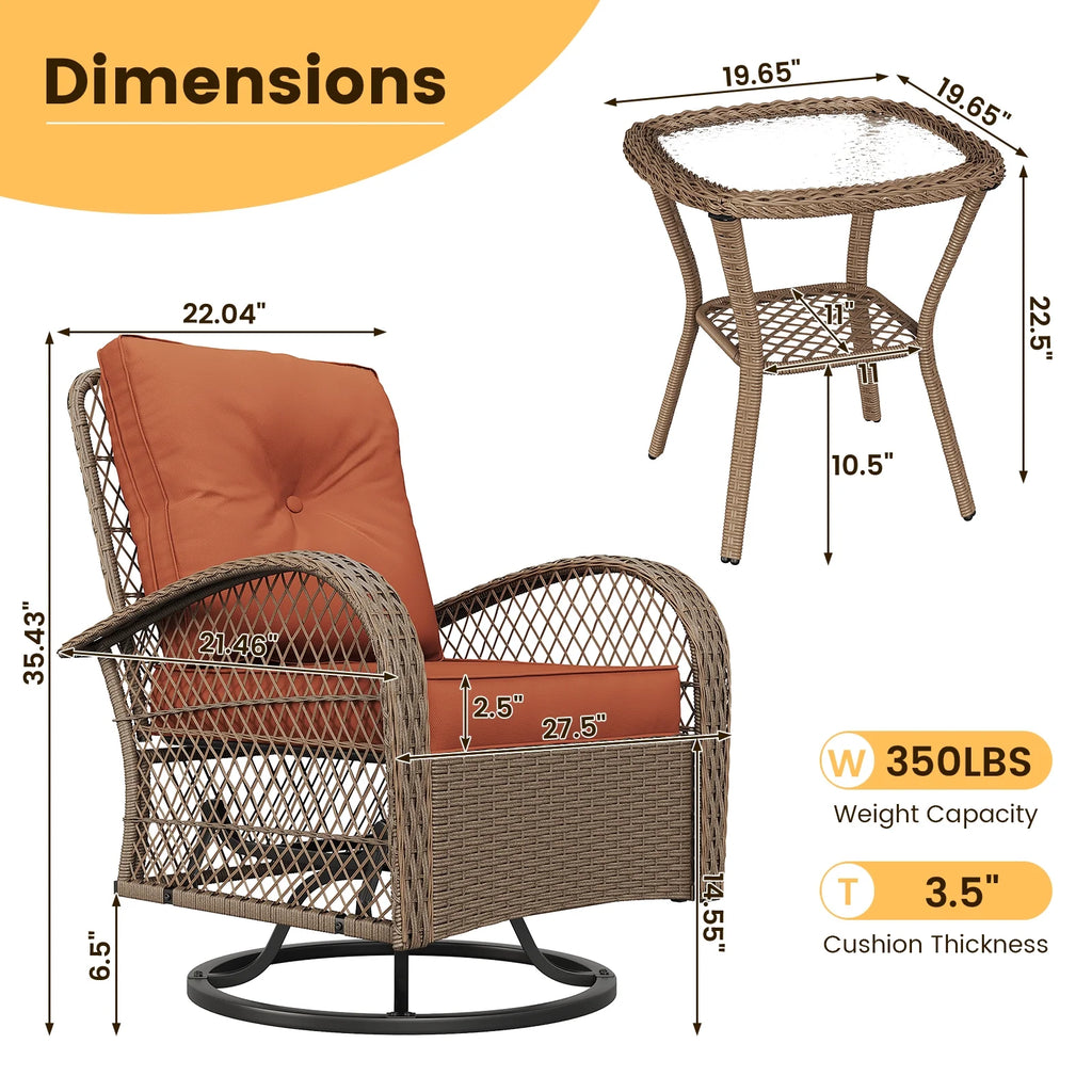 ELPOSUN 3 Pieces Patio Furniture Set, Outdoor Swivel Gliders Rocker, Wicker Patio Bistro Set with Rattan Rocking Chair, Glass Top Side Table and Thickened Cushions for Porch Deck Backyard