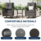 ELPOSUN 3 Pieces Patio Furniture Set, Outdoor Swivel Gliders Rocker, Wicker Patio Bistro Set with Rattan Rocking Chair, Glass Top Side Table and Thickened Cushions for Porch Deck Backyard