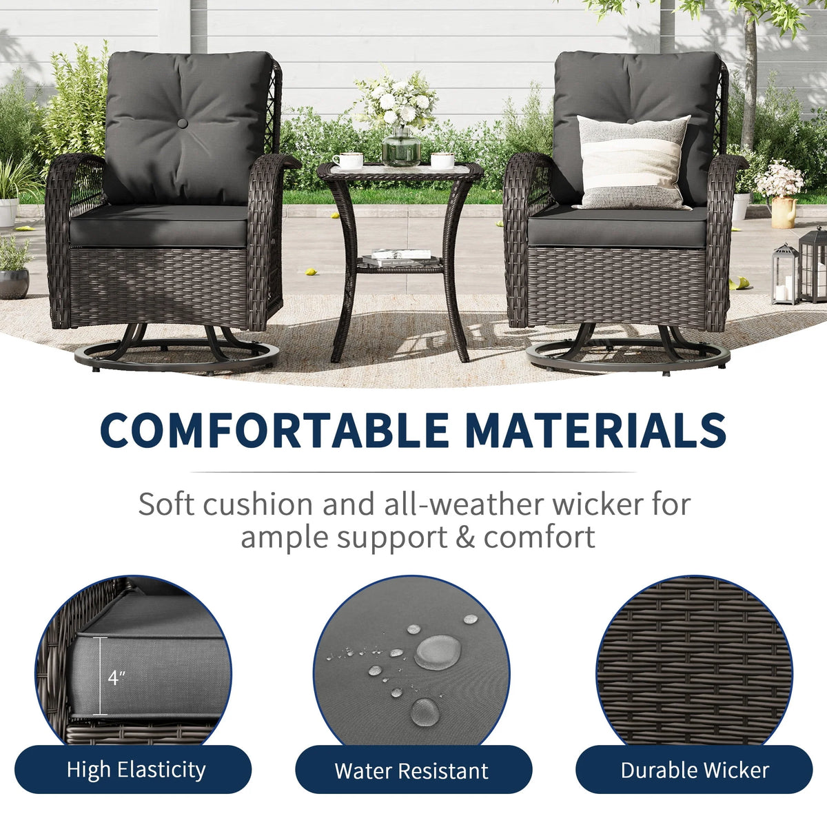 ELPOSUN 3 Pieces Patio Furniture Set, Outdoor Swivel Gliders Rocker, Wicker Patio Bistro Set with Rattan Rocking Chair, Glass Top Side Table and Thickened Cushions for Porch Deck Backyard