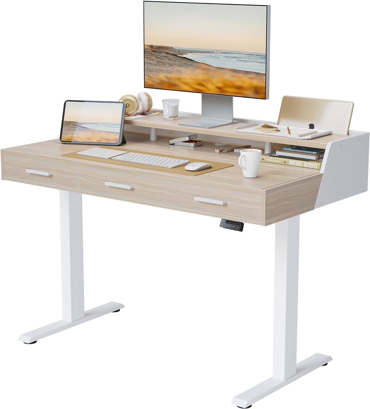 FEZIBO Electric Standing Desk with 3 Drawers & Monitor Shelves, 48 x 26 in Sit Stand Home Office Desk, Rustic Brown