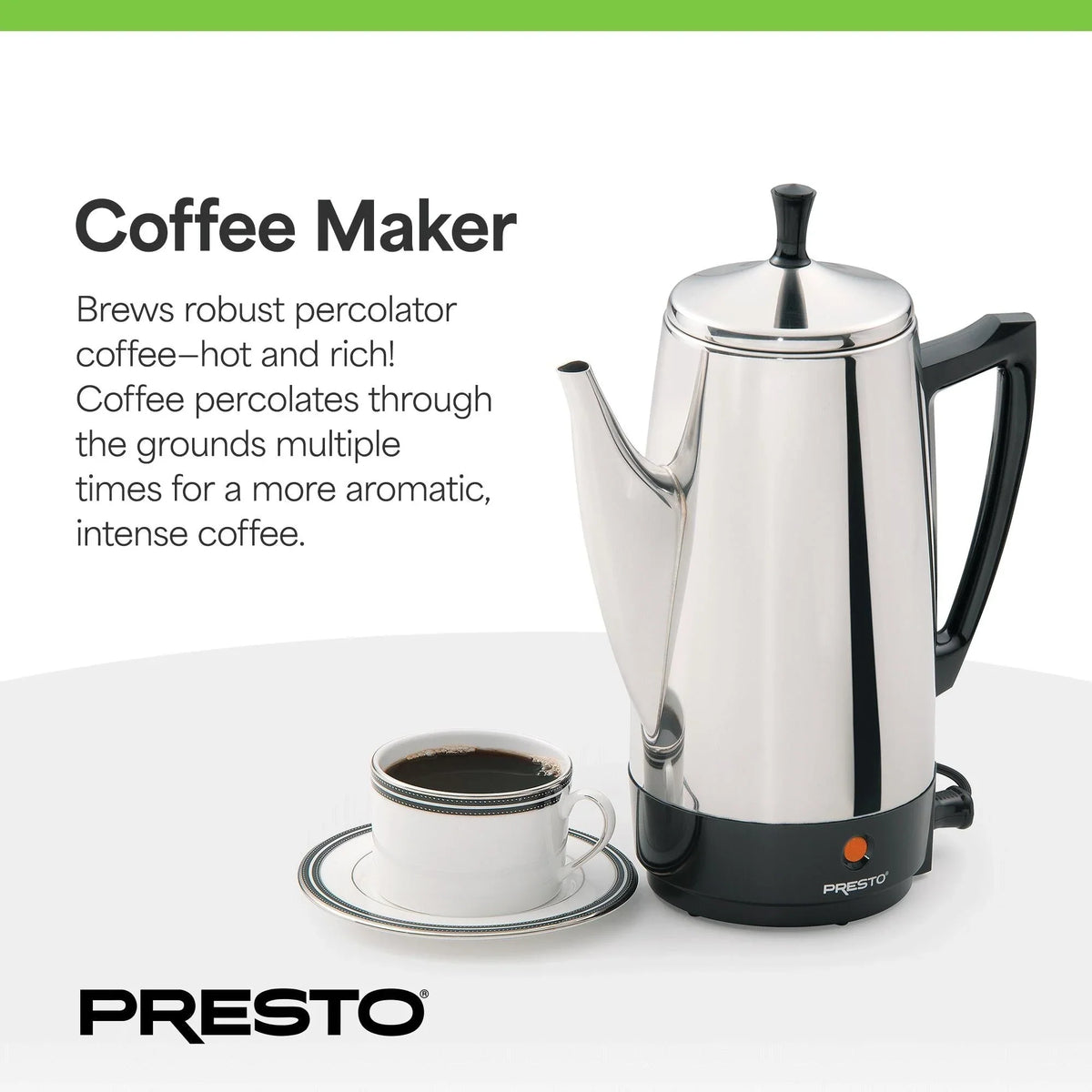 Presto Stainless Steel Coffee Maker, 12 Cup Robust Percolator Coffee, Silver - 2.79