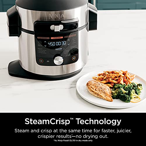 OL701 14 in 1 SMART XL 8 Qt. Pressure Cooker Steam Fryer with SmartLid & Thermometer Auto Steam Release, that Air Fries, Proofs & More, 3 Layer Capacity, 5 Qt. Crisp Basket, Silver/Black