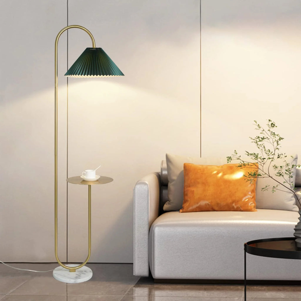 Modern Elegant with Tray Floor Lamp for Office Cafe Den Living Room Bedroom, Foot Switch and Brass/Gold Finish, Light Yellow Pleated Cloth Lampshade
