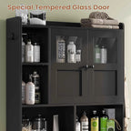 Over the Toilet Storage Cabinet with 3 Doors, Farmhouse Space Saver for Bathroom Organizer with Paper Holder, 10 Shelves and Hooks, 7 - Tier Over Washing Machine Cabinet for Laundry, Bathroom, Natural