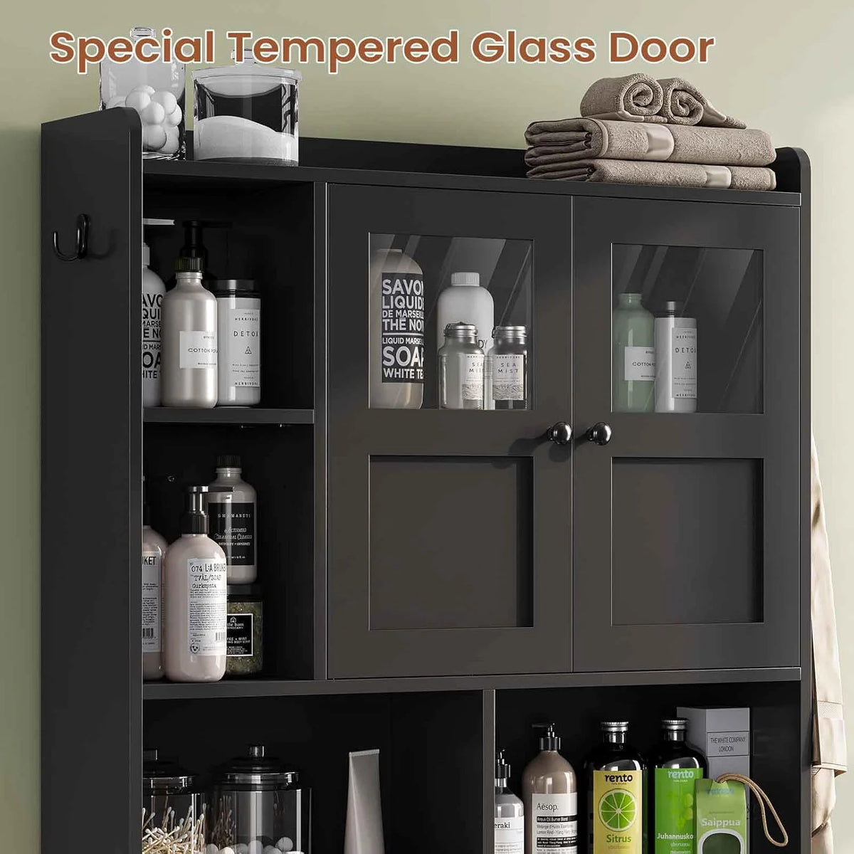 Over the Toilet Storage Cabinet with 3 Doors, Farmhouse Space Saver for Bathroom Organizer with Paper Holder, 10 Shelves and Hooks, 7 - Tier Over Washing Machine Cabinet for Laundry, Bathroom, Natural