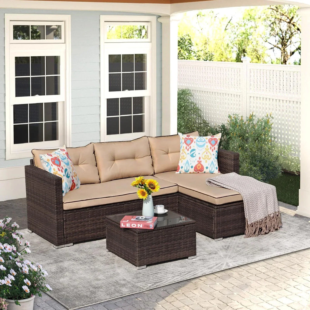 JOIVI 3 Pieces Patio Conversation Set, PE Wicker Rattan Outdoor Furniture Set, 2 Ways Small Sectional Sofa, Tempered Glass Coffee Table, Silver-Gray