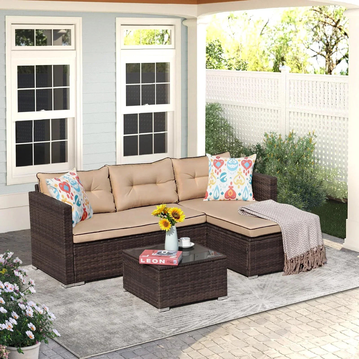 JOIVI 3 Pieces Patio Conversation Set, PE Wicker Rattan Outdoor Furniture Set, 2 Ways Small Sectional Sofa, Tempered Glass Coffee Table, Silver-Gray