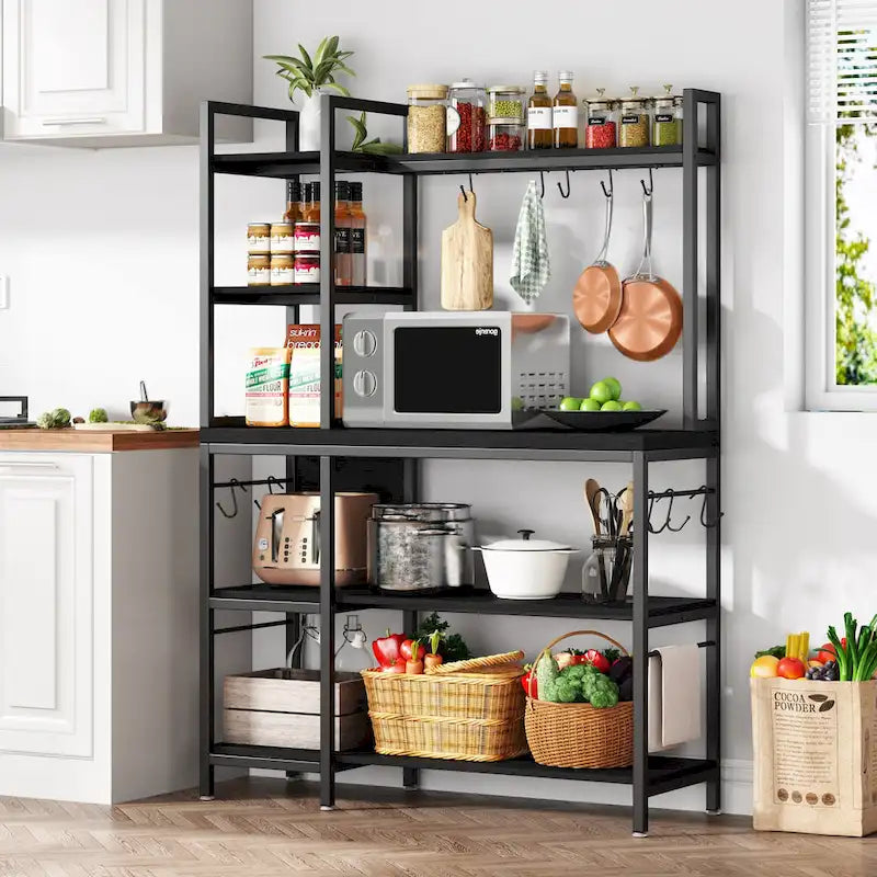 43-Inch Kitchen Bakers Rack with Microwave Stand - 5-Tier Utility Storage Shelf and 10 Hooks for Kitchen and Living Room