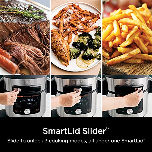 OL701 14 in 1 SMART XL 8 Qt. Pressure Cooker Steam Fryer with SmartLid & Thermometer Auto Steam Release, that Air Fries, Proofs & More, 3 Layer Capacity, 5 Qt. Crisp Basket, Silver/Black