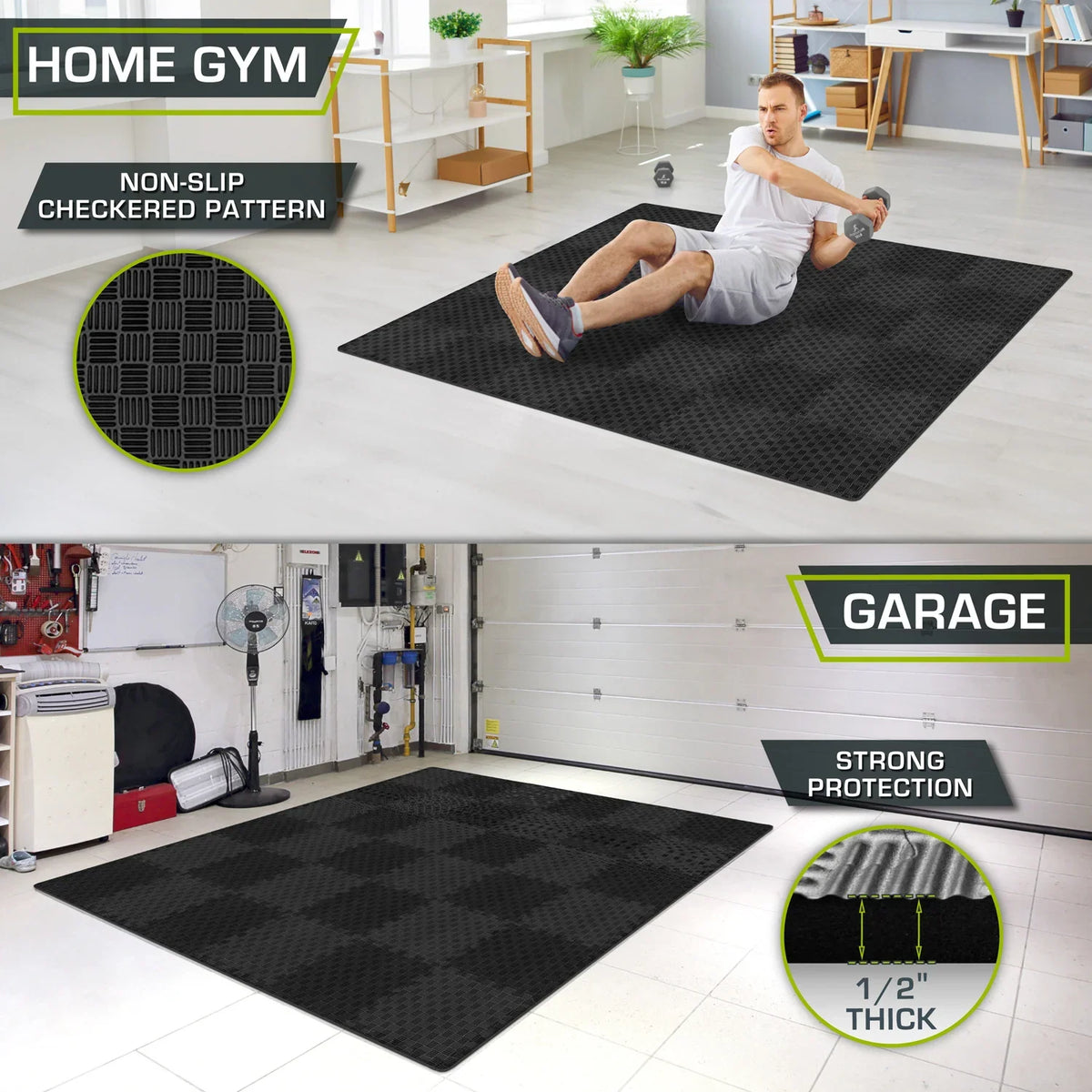Checkered Exercise Puzzle Mat 12 x 12 x 1/2-in | 36 Sq Ft - 36 Tiles / Black