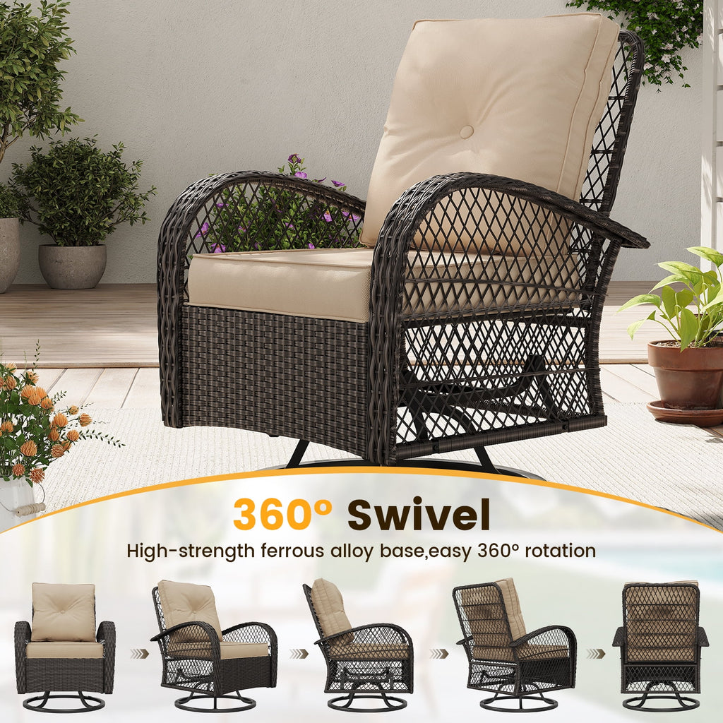 ELPOSUN 3 Pieces Patio Furniture Set, Outdoor Swivel Gliders Rocker, Wicker Patio Bistro Set with Rattan Rocking Chair, Glass Top Side Table and Thickened Cushions for Porch Deck Backyard