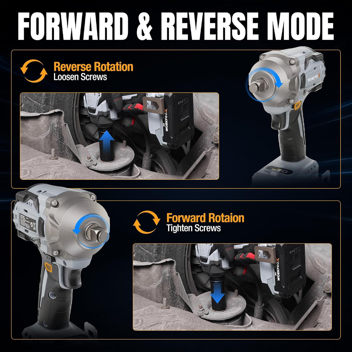 WORKPROX 20V Cordless Impact Wrench Brushless, 440 Ft-Ibs 1/2 Impact Gun | 600N.m High Torque Electric Impact Driver for Car Tire Change, Mower, Pickup & Home Repair, 3 Speeds, LED, 4 Sockets