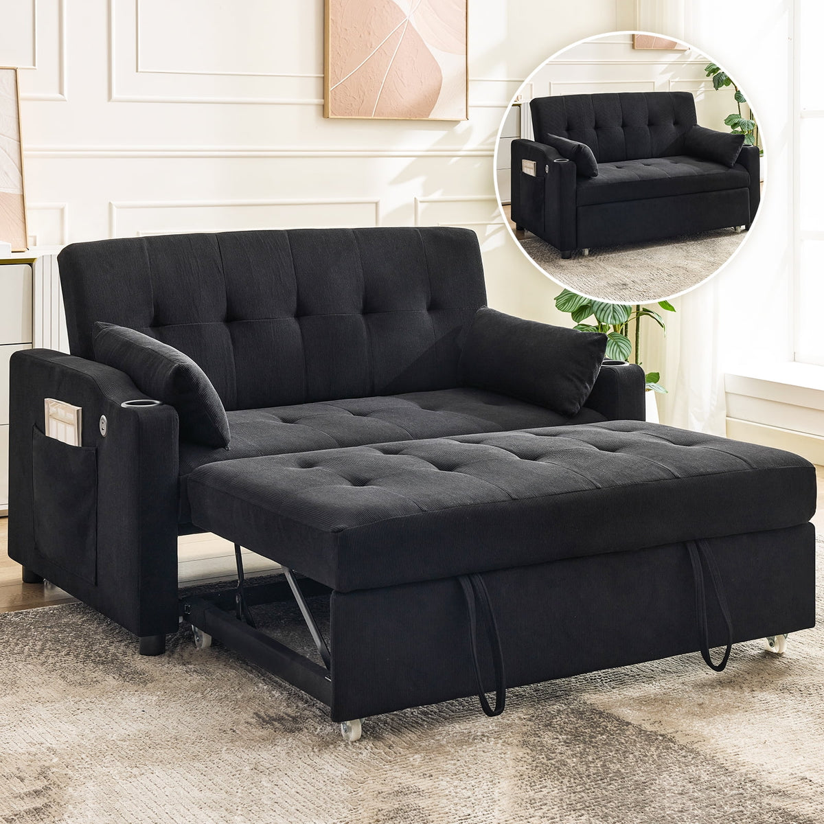 3 in 1 Convertible Sleeper Sofa Bed, Corduroy Futon Couches with Pull - Out Bed, Adjustable Backrest, Charging Port & Side Pockets, Modern Upholstered Sofa for Living Room, Guest Room