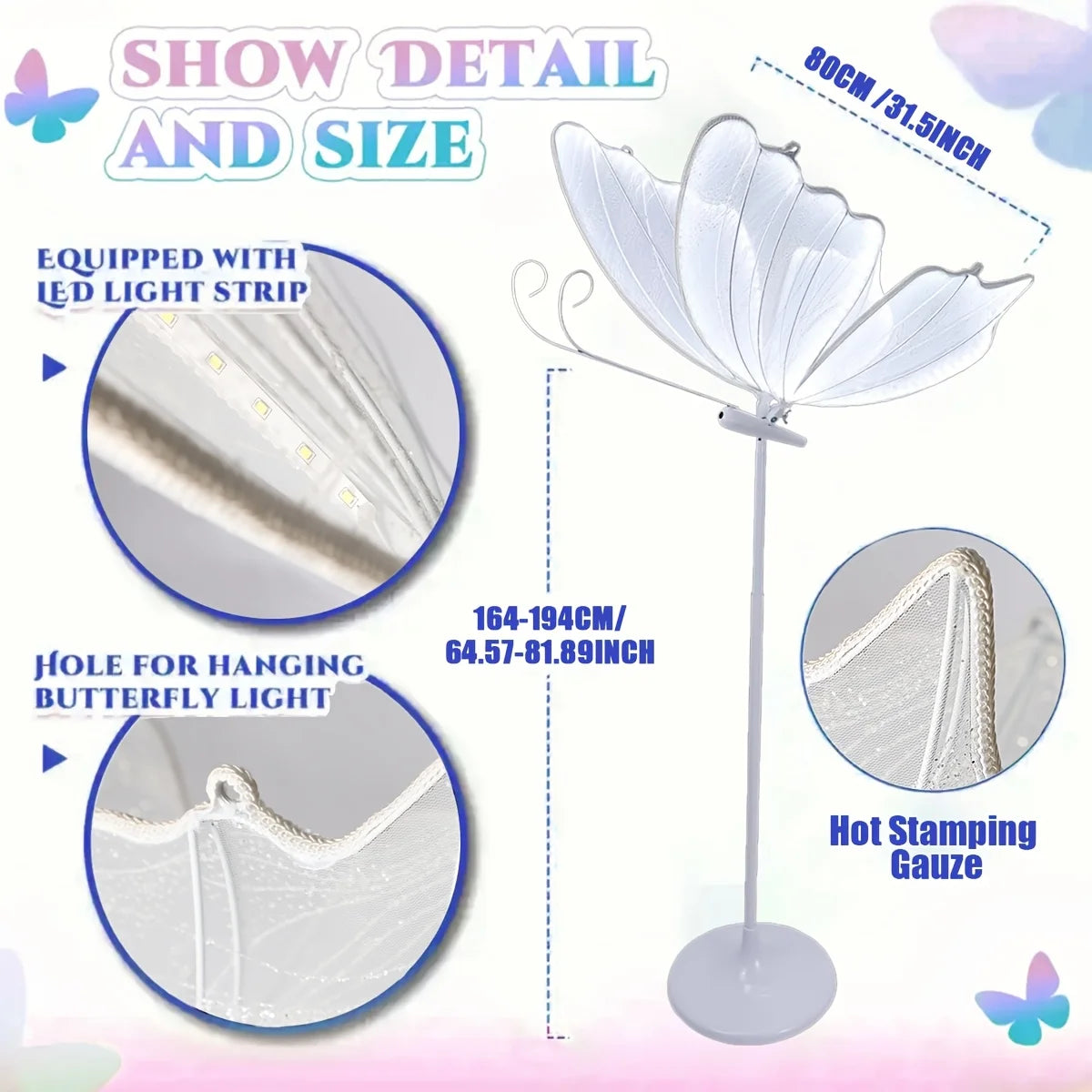 2 - Pack Romantic Butterfly Floor Lamp with LED Lights, White & Gold Options, for Wedding, Party, Home Decor, Hanging Chandelier (Multiple Sizes, US Plug)