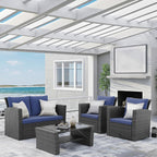 Wisteria Lane 4 Piece Outdoor Patio Furniture Sets, Wicker Conversation Set for Porch Deck, Grey Rattan Sofa Chair with Cushion Blue