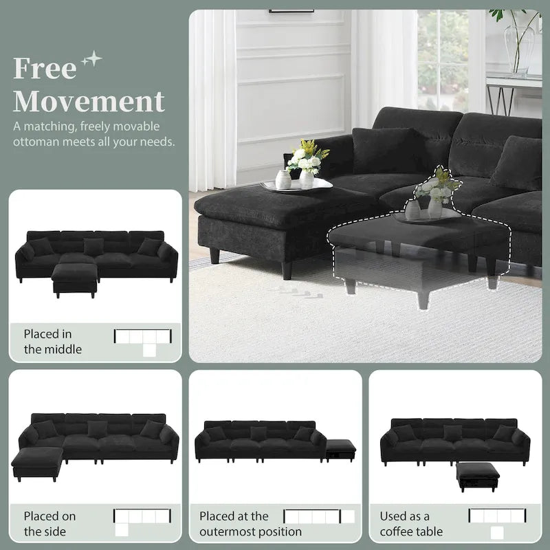 110-Inch L-Shaped 5-Seater Sectional Sofa with Removable Ottoman, Cloud Chenille Fabric, and 5 Cushions