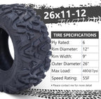 26x12x12 Atv Tires, Set of 2 Atv Tires 26x12-12 6PR, All Terrain Atv/Utv Off-Road Tires, Black