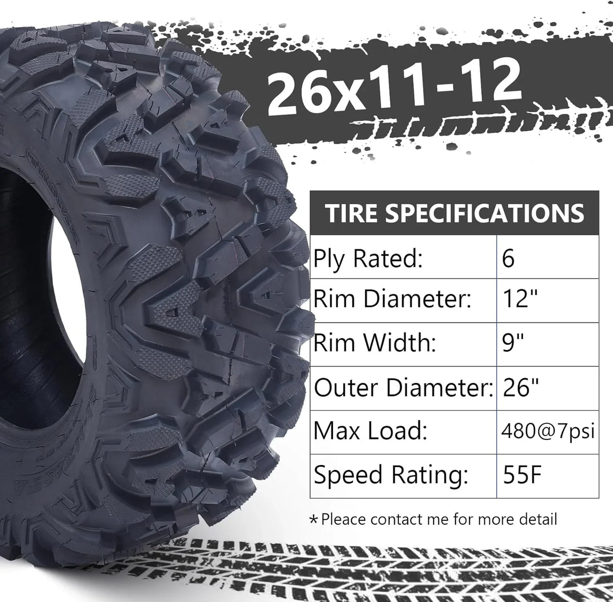 26x12x12 Atv Tires, Set of 2 Atv Tires 26x12-12 6PR, All Terrain Atv/Utv Off-Road Tires, Black
