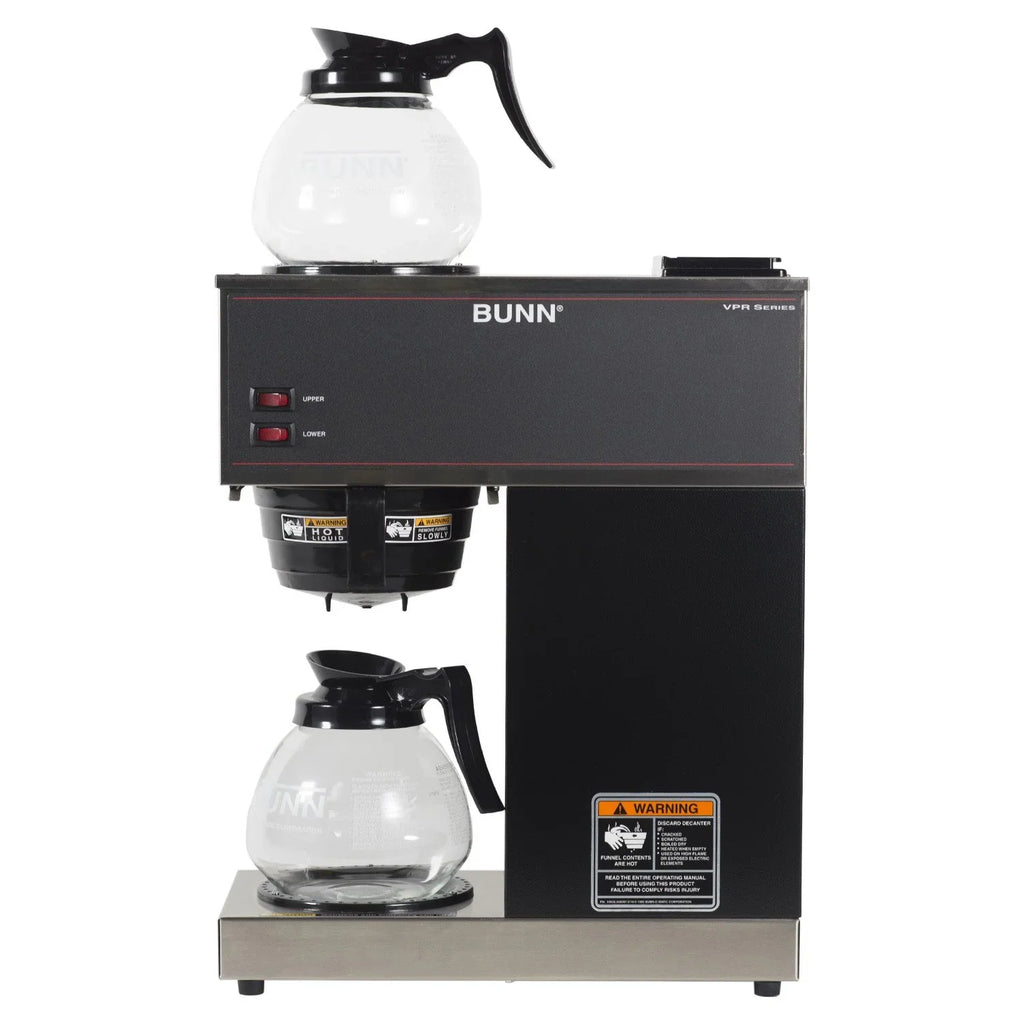 12-Cup Pourover Coffee Maker, Black, with Upper & Lower Warmers, 2 Glass Decanters, Commercial Use