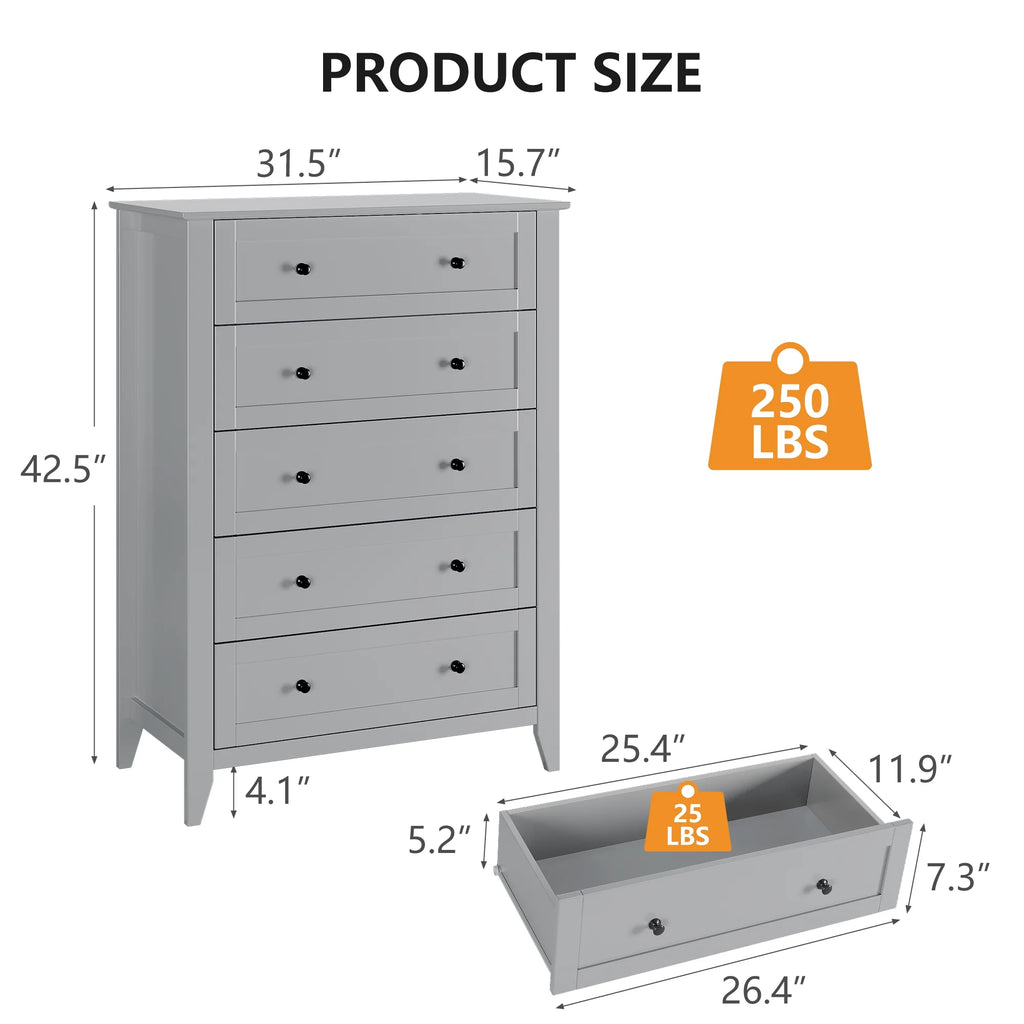 Homhougo Dresser for Bedroom Black with 5 Drawers, Tall Wood Organizer Storage Cabinet with Round Handle, Drawer Dresser for Closet, Living Room, Hallway, Nursery, Kids Bedroom