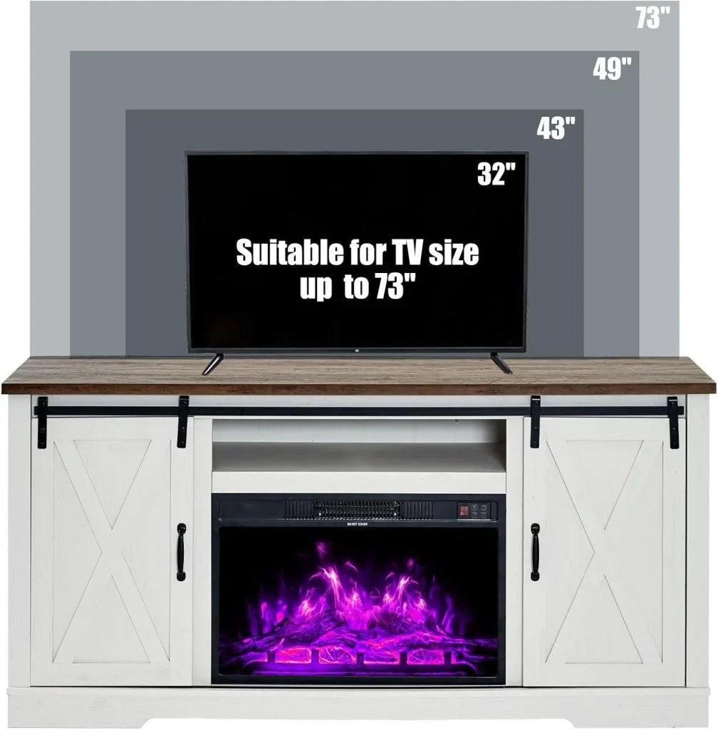 AMERLIFE Fireplace TV Stand with Sliding Barn Door for TVs up to 73", Farmhouse 63" Fireplace Entertainment Center with Storage Cabinets/Adjustable Shelves