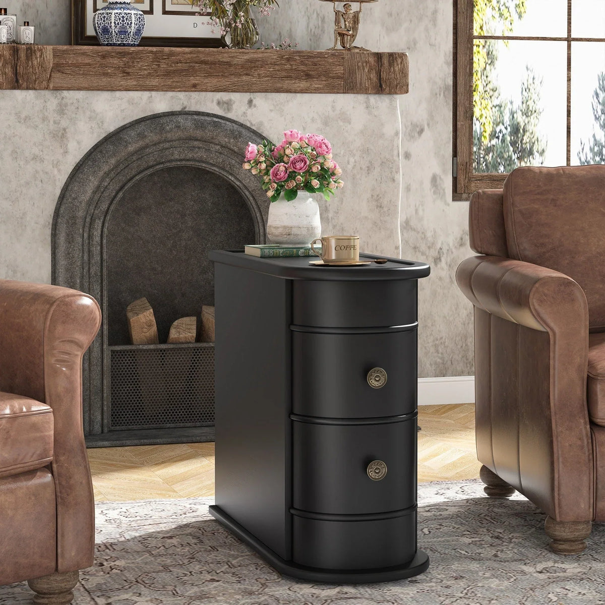 Solid Wood Chairside End Table, Two-Drawer Narrow Side Table Slim