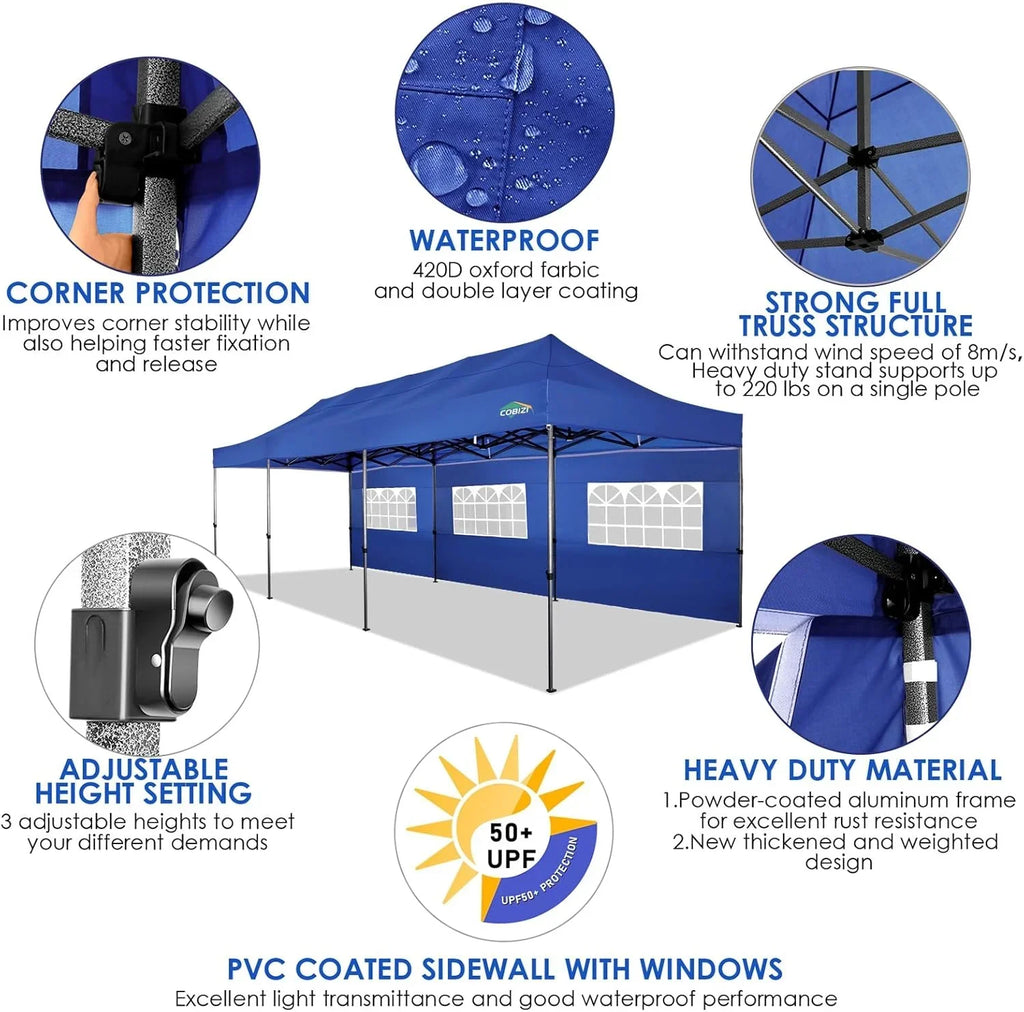COBIZI 10x20 Heavy Duty Pop up Canopy Tent with 6 sidewalls Easy Up Commercial Outdoor Canopy Wedding Party Tents for Parties All Season Wind & Waterproof Gazebo with Roller Bag,Black(Frame Thickened)