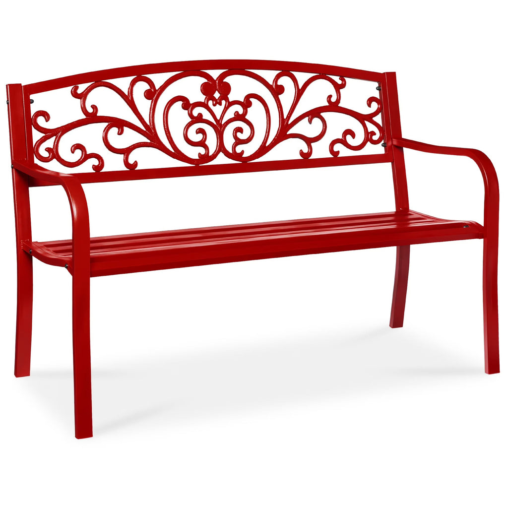 Best Choice Products Outdoor Steel Bench Garden Patio Porch Furniture W/ Floral Design Backrest - Black