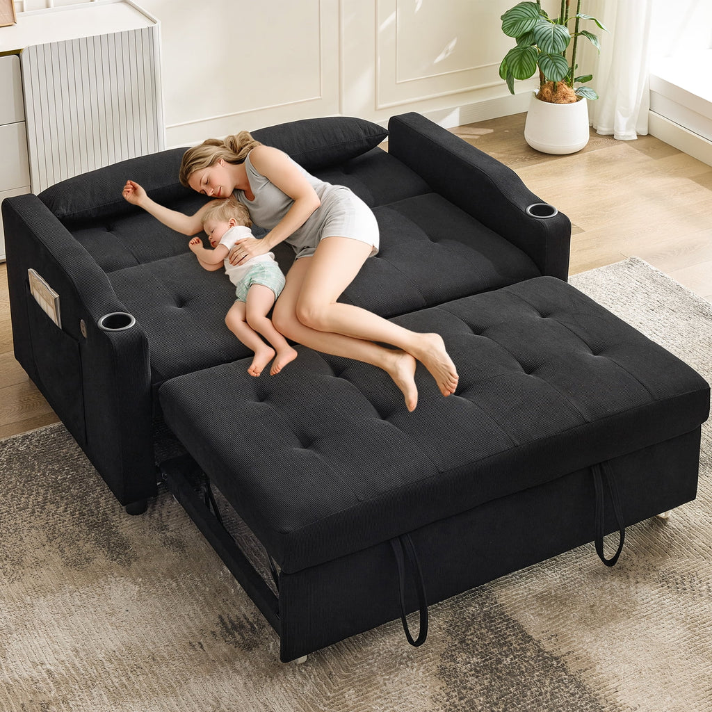 3 in 1 Convertible Sleeper Sofa Bed, Corduroy Futon Couches with Pull - Out Bed, Adjustable Backrest, Charging Port & Side Pockets, Modern Upholstered Sofa for Living Room, Guest Room