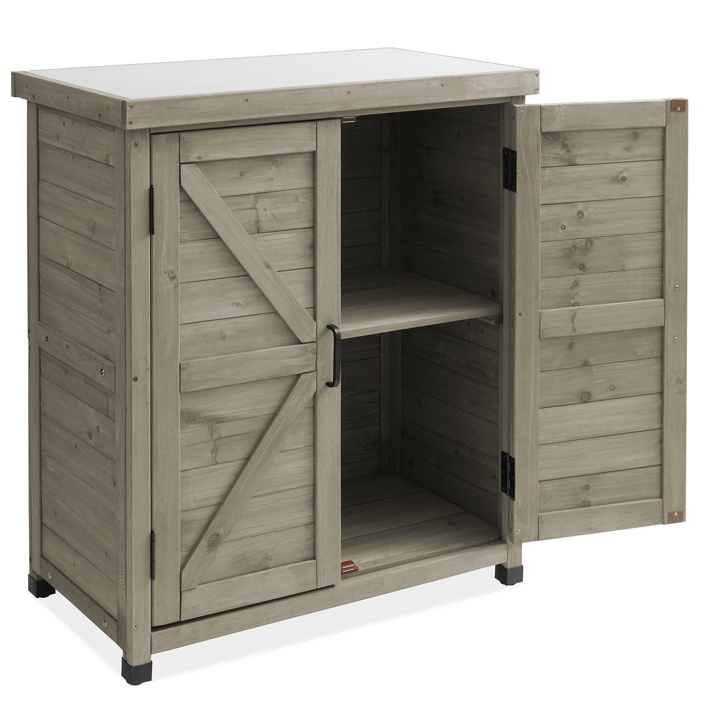 Outdoor Storage Cabinet and Potting Bench with Metal Tabletop and Storage Cabinet - Wooden Outdoor Garden Patio Workstation Table, Gray