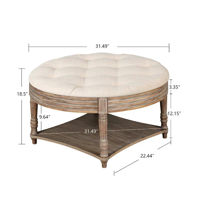 Round Storage Ottoman Coffee Table with Tufted Seat and Wooden Base