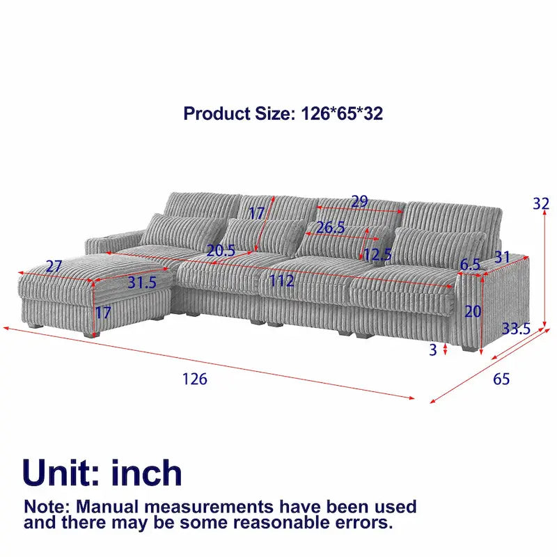 126W Large L-Shaped Corduroy Sofa with USB Charging Port