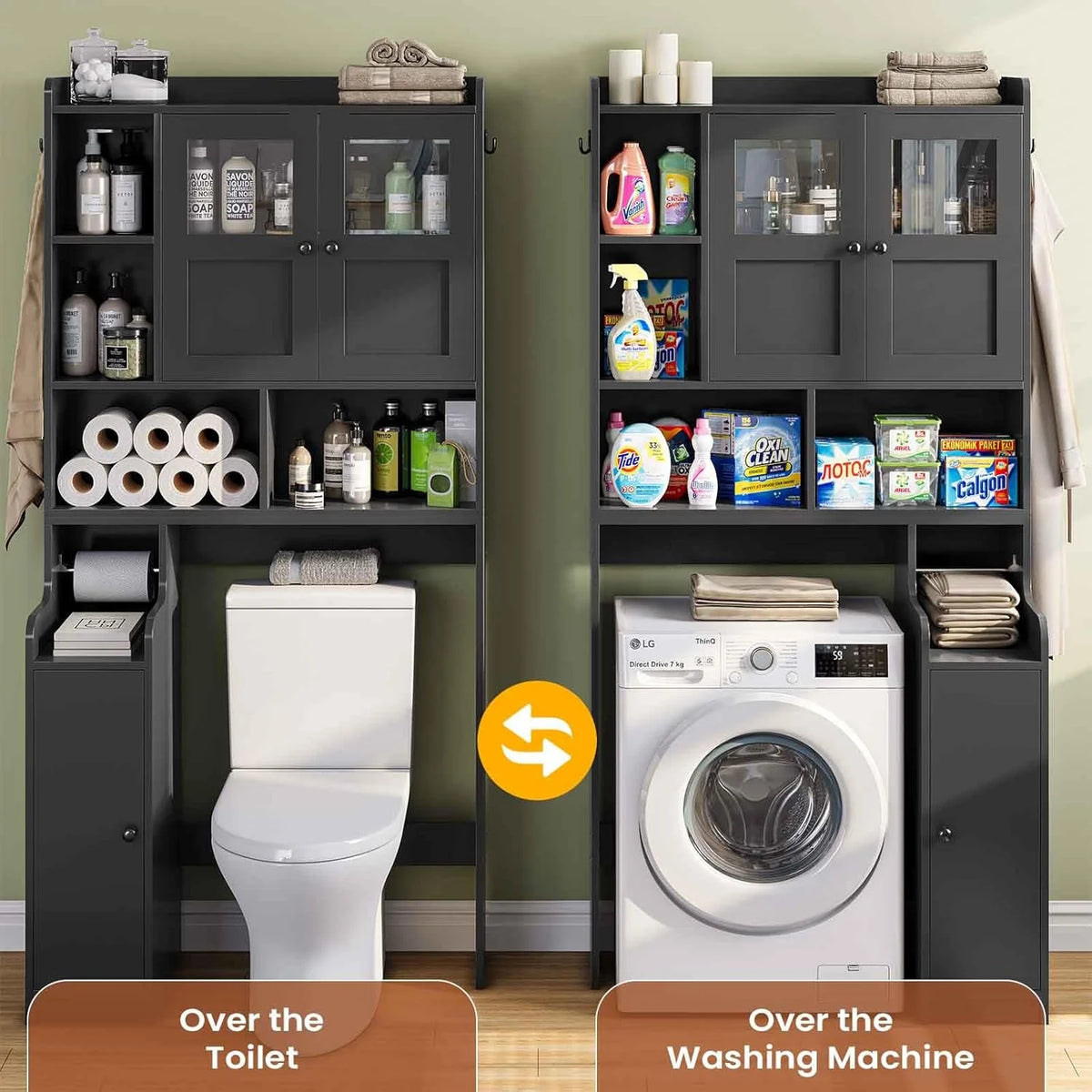 Over the Toilet Storage Cabinet with 3 Doors, Farmhouse Space Saver for Bathroom Organizer with Paper Holder, 10 Shelves and Hooks, 7 - Tier Over Washing Machine Cabinet for Laundry, Bathroom, Natural