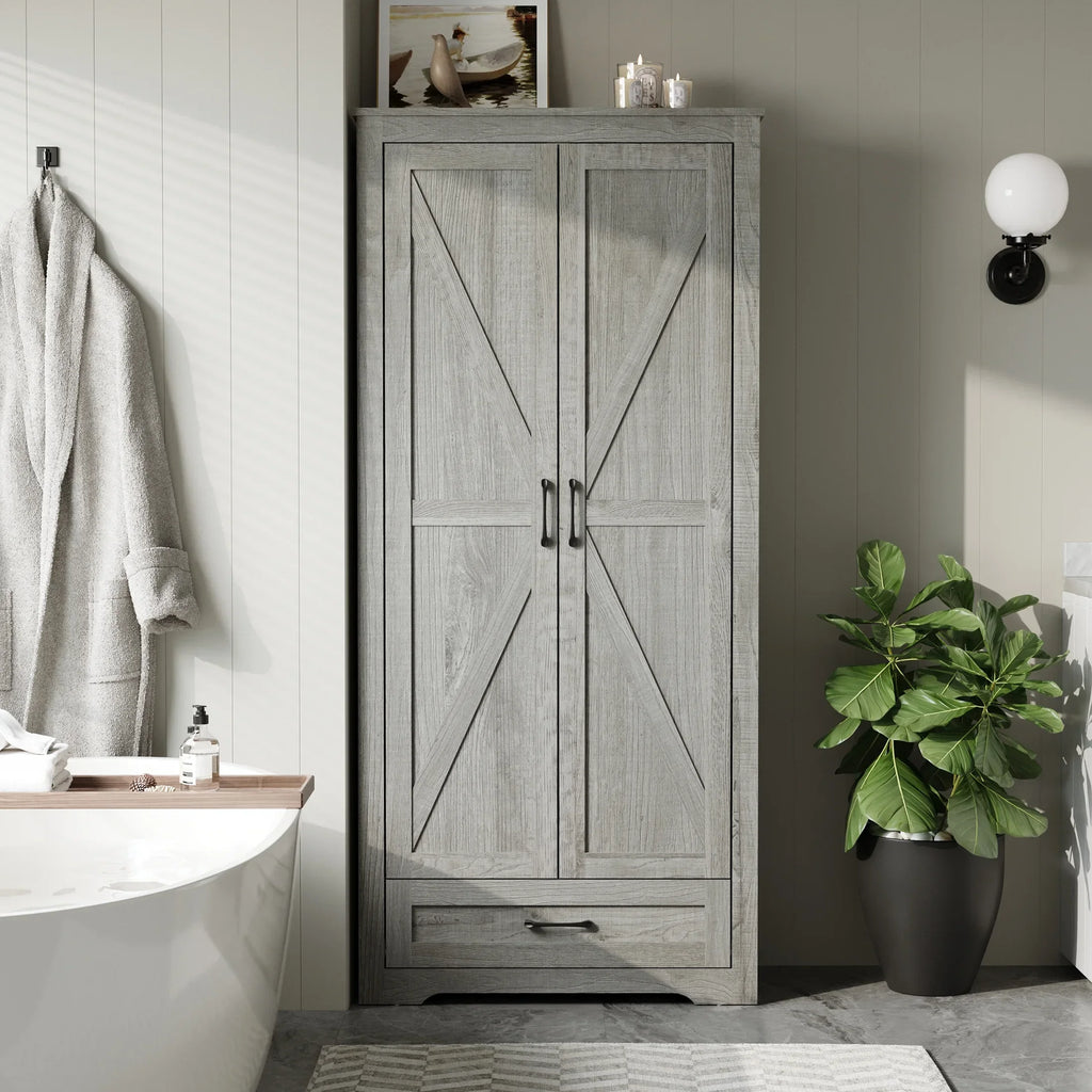 YouTrend 69" Tall Kitchen Pantry,Farmhouse Storage Cabinet with 2 Barn Doors 4 Adjustable Shelves and Large Drawer for Dining Room,Living Room,Bathroom,White