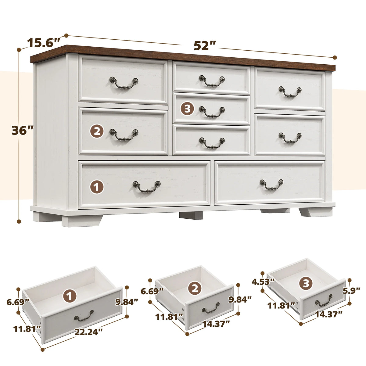 Enhomee Wood Dressers for Bedroom with 9 Drawers White Dresser Chest of Drawers for Living Room