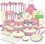 54 - Piece Kitchen Cookware Set - Complete Non - Stick Ceramic Pots and Pans Set with Utensils, Bakeware, and Knife Set, Gas, Electric & Induction Compatible, Blush Pink Kitchen Essentials