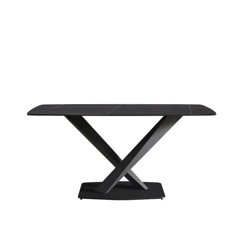 63-Inch Contemporary Dining Table with Slate Stone Surface and Metal Legs, Marble Finish