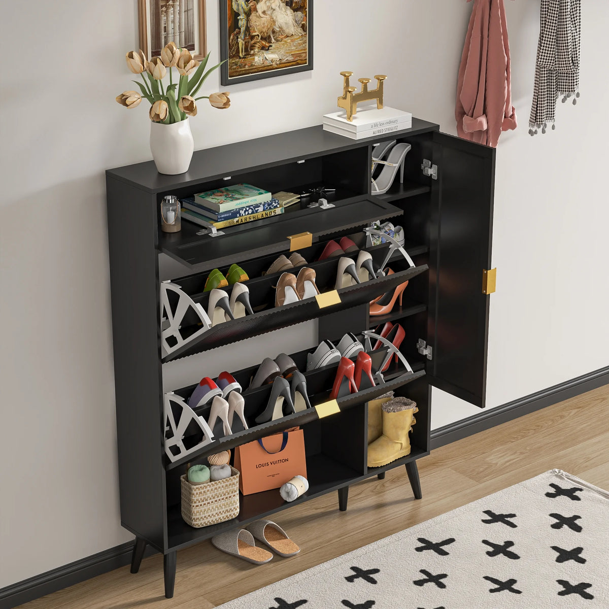 Shoe Cabinet with Drawers, Slim Storage Cabinets, Entryway Shoe Storage Cabinets