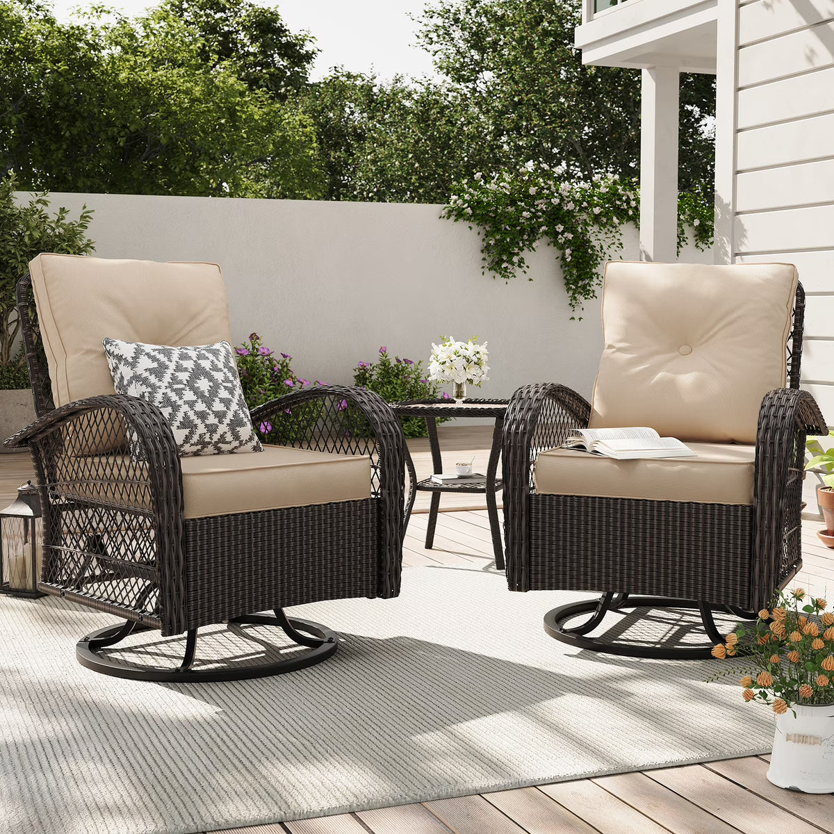 ELPOSUN 3 Pieces Patio Furniture Set, Outdoor Swivel Gliders Rocker, Wicker Patio Bistro Set with Rattan Rocking Chair, Glass Top Side Table and Thickened Cushions for Porch Deck Backyard