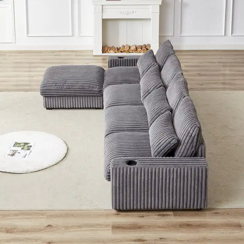 126W Large L-Shaped Corduroy Sofa with USB Charging Port